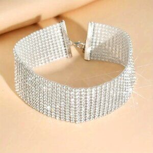 Choker Necklace Collar Mesh Rhinestone Bold Hollywood Glam Trendy Y2K Elegant